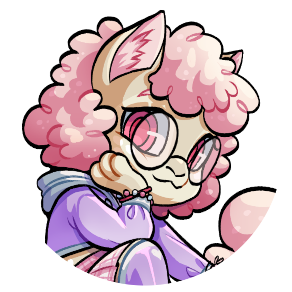 A furry anthropomorphic deer with curly pink hair.